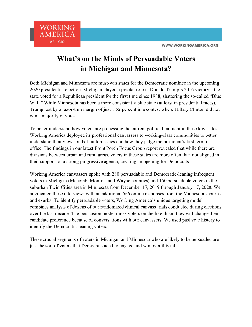 What's on the Minds of Persuadable Voters in Michigan and Minnesota?