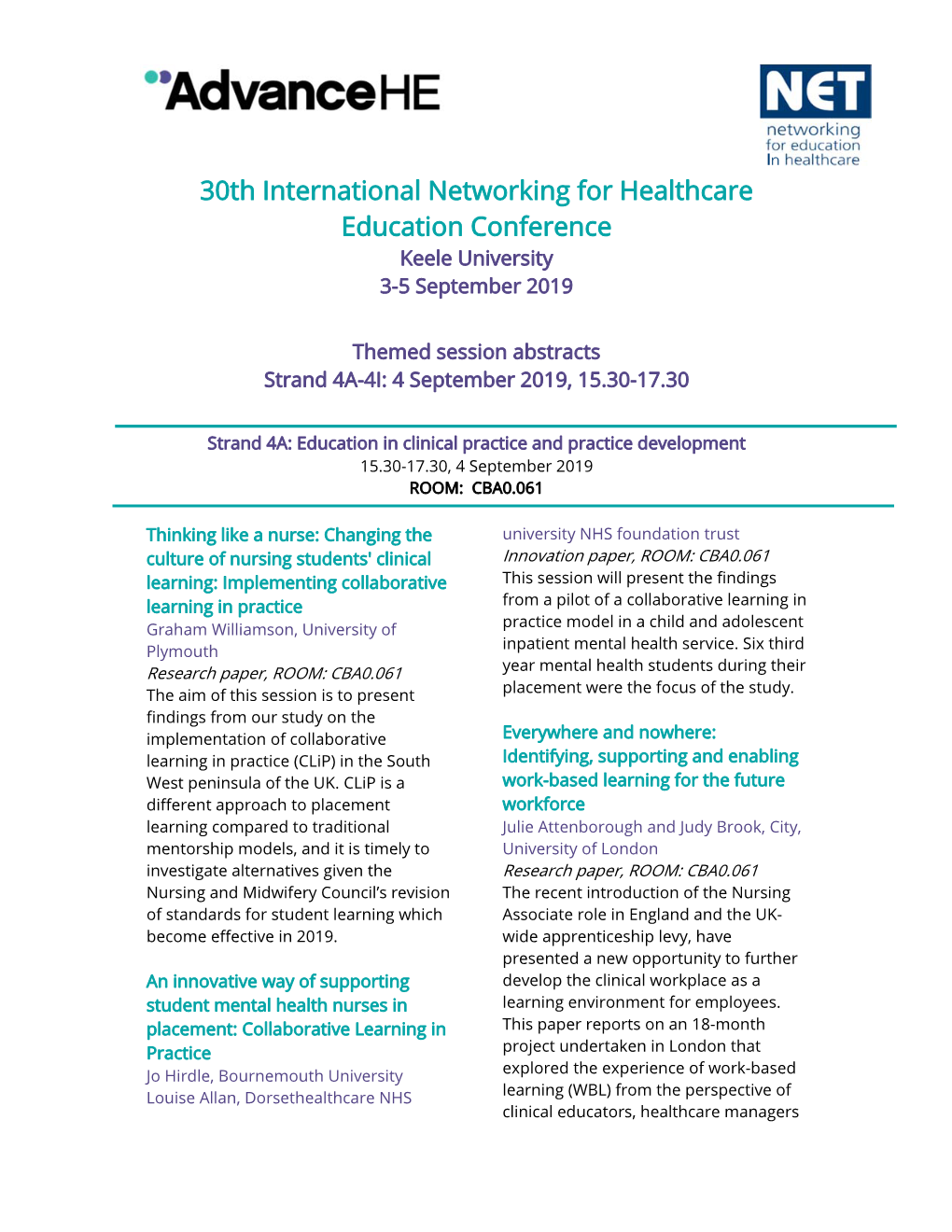 30Th International Networking for Healthcare Education Conference Keele University 3-5 September 2019