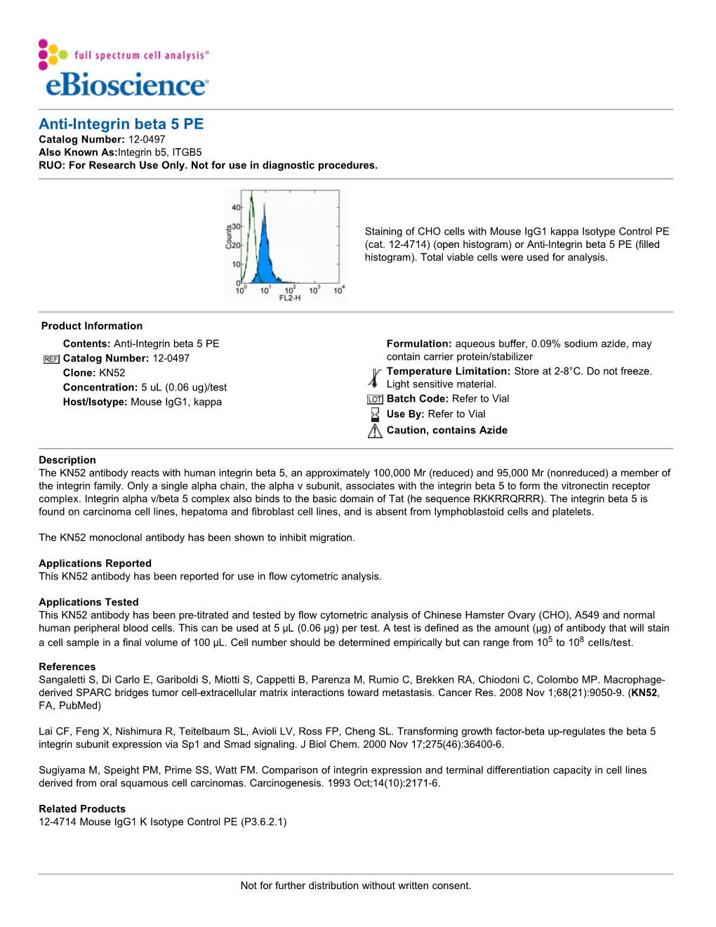 Anti-Integrin Beta 5 PE Catalog Number: 12-0497 Also Known As:Integrin B5, ITGB5 RUO: for Research Use Only