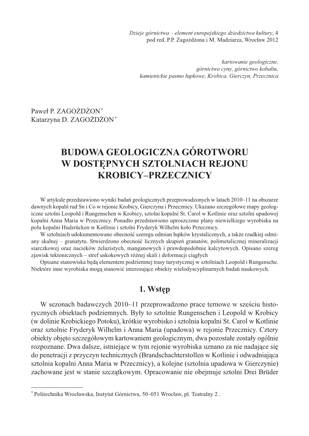 Budowa Geologiczna Górotworu W Dostępnych Sztolniach Rejonu Krobicy–Przecznicy