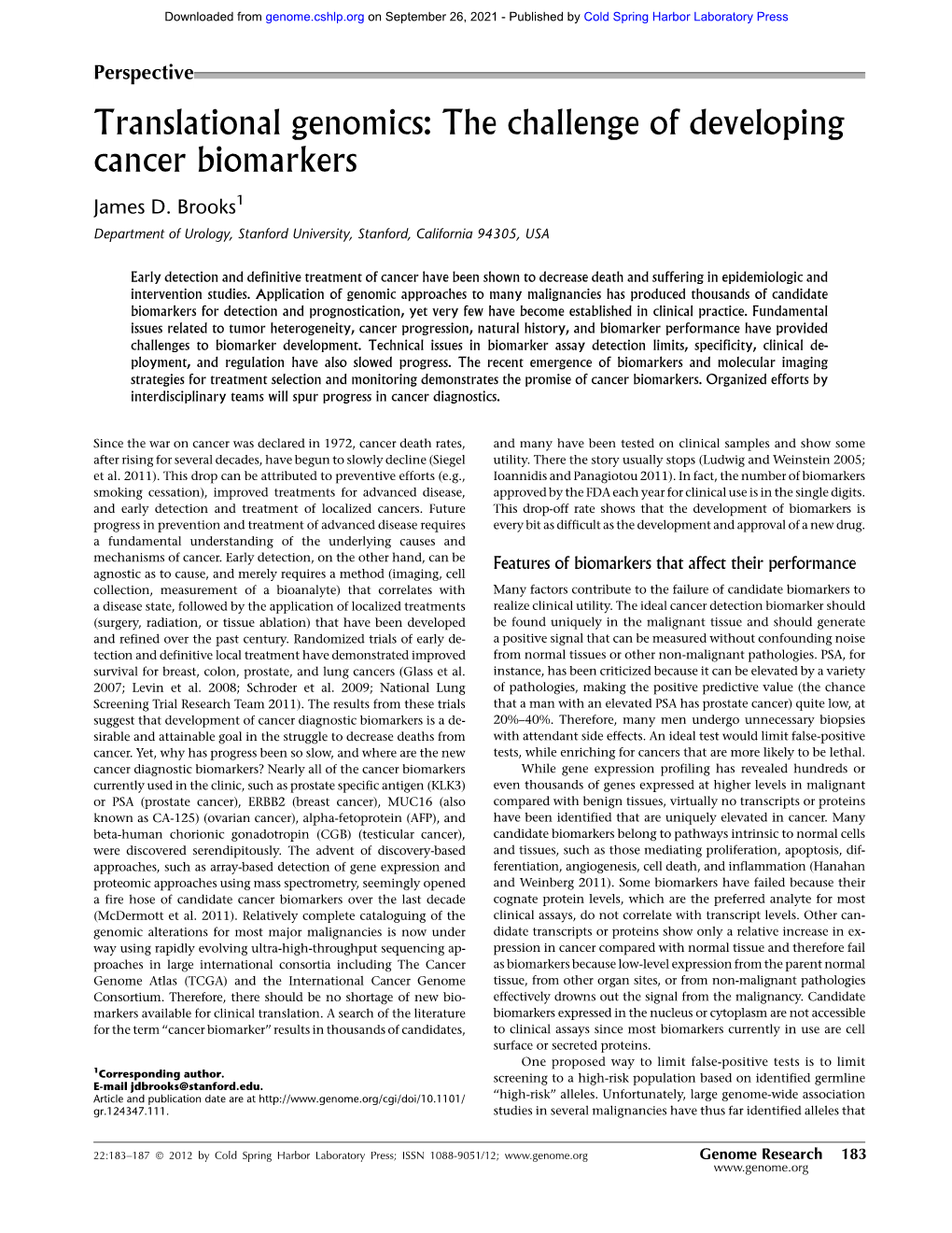The Challenge of Developing Cancer Biomarkers