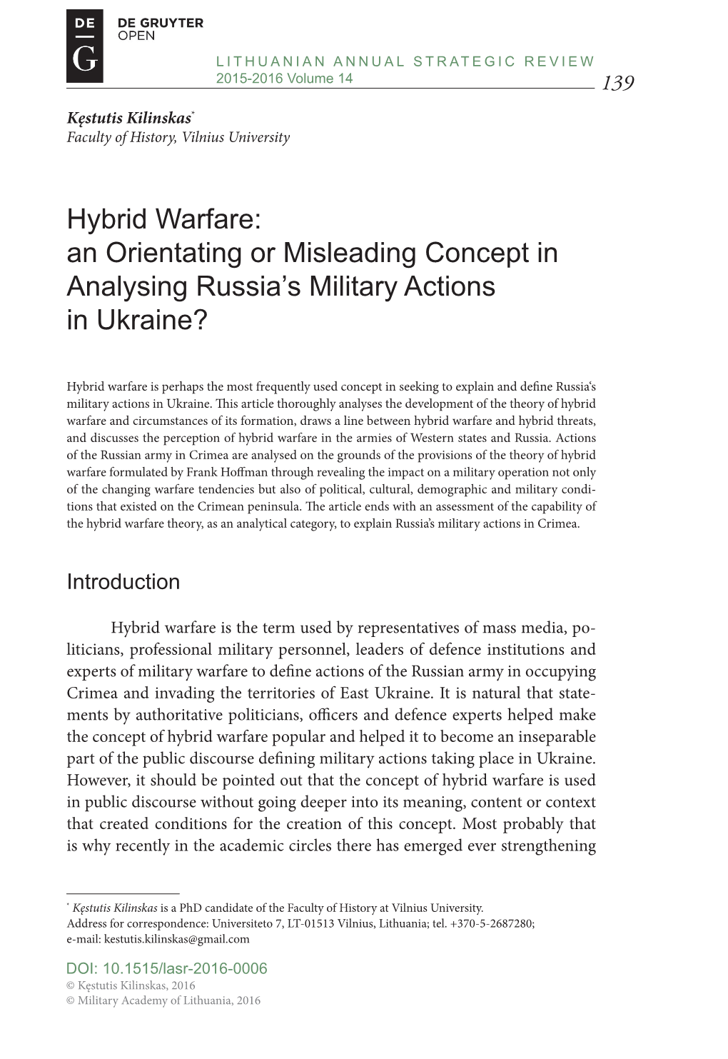 Hybrid Warfare: an Orientating Or Misleading Concept in Analysing Russia's Military Actions in Ukraine?