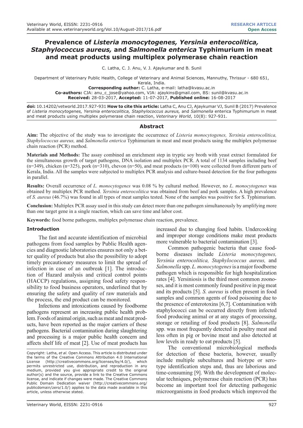 Prevalence of Listeria Monocytogenes, Yersinia Enterocolitica, Staphylococcus Aureus, and Salmonella Enterica Typhimurium In