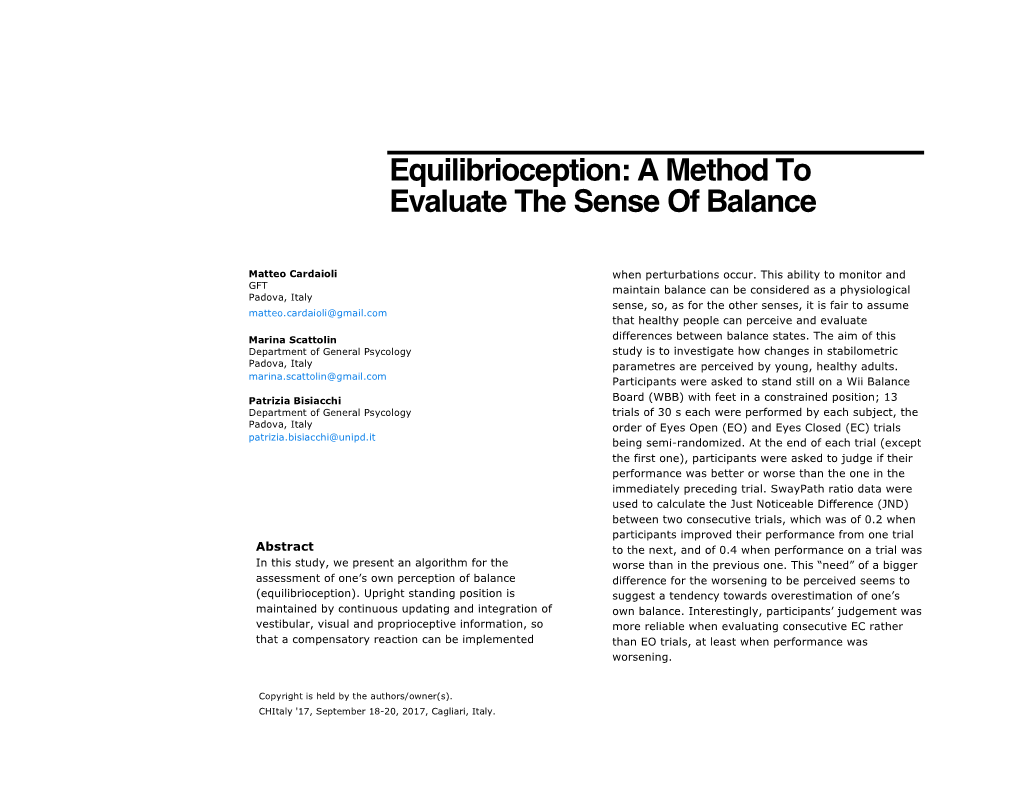 Equilibrioception: a Method to Evaluate the Sense of Balance