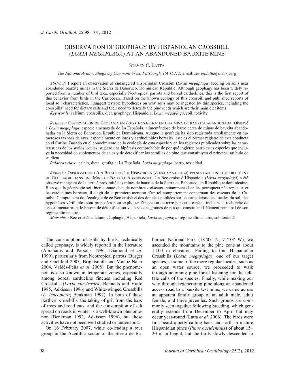 Observation of Geophagy by Hispaniolan Crossbill (Loxia Megaplaga) at an Abandoned Bauxite Mine