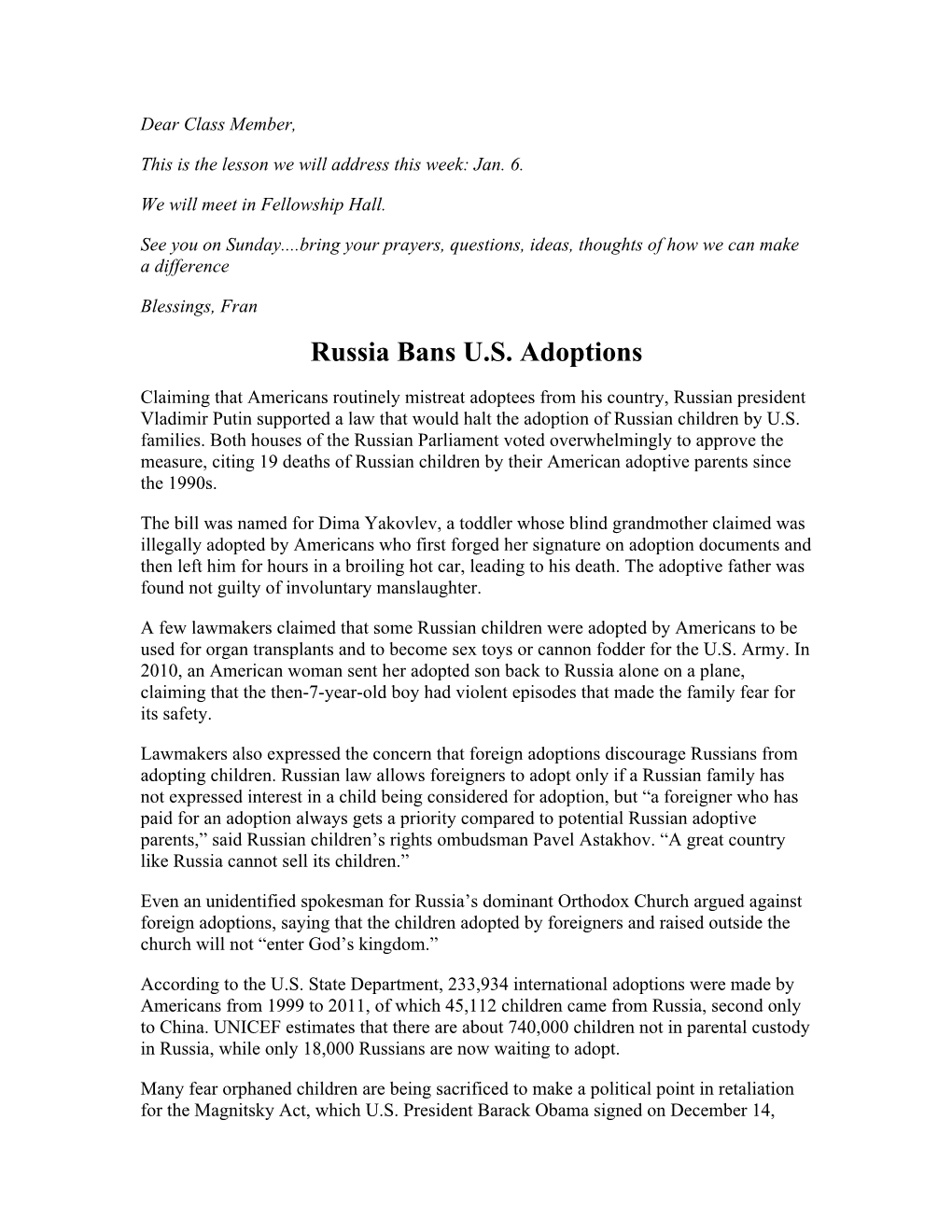 Russia Bans U.S. Adoptions