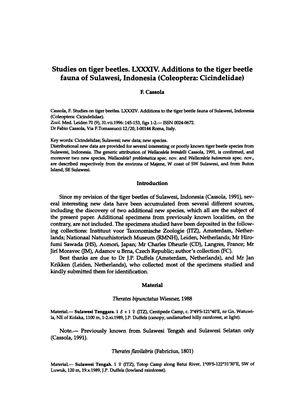 Studies on Tiger Beetles. LXXXIV. Additions to the Tiger Beetle Fauna of Sulawesi, Indonesia (Coleoptera: Cicindelidae)