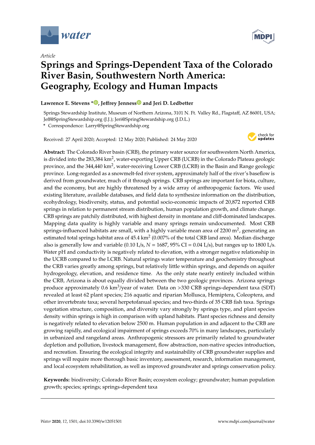 Springs and Springs-Dependent Taxa of the Colorado River Basin, Southwestern North America: Geography, Ecology and Human Impacts