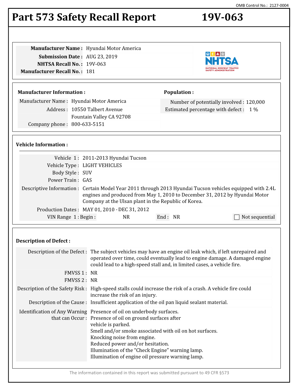 Part 573 Safety Recall Report 19V-063