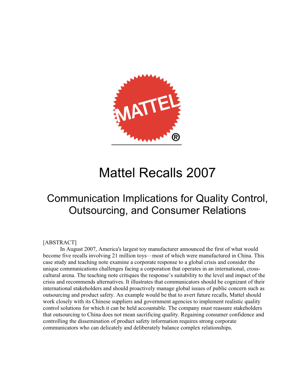 Mattel Recalls 2007