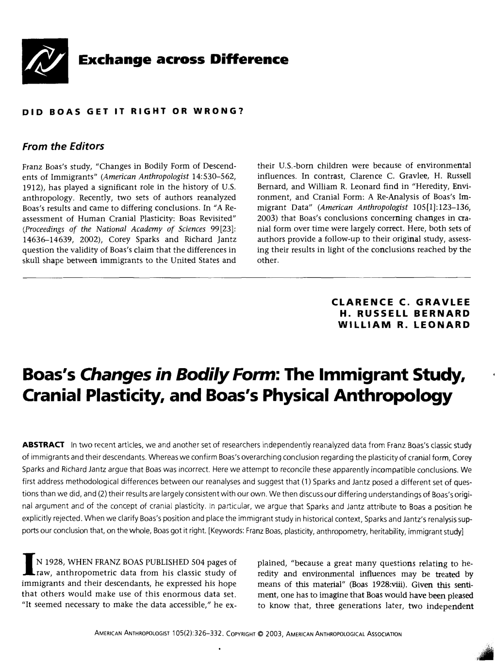 Boas's Changes in Bodily Form: the Immigrant Study, Cranial Plasticity, and Boas's Physical Anthropology