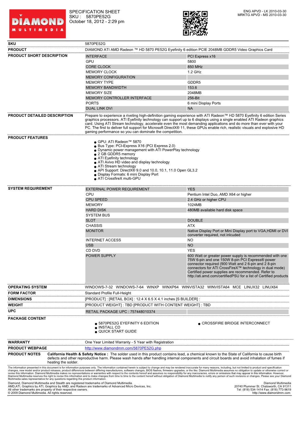 SPECIFICATION SHEET SKU : 5870PE52G October 18, 2012