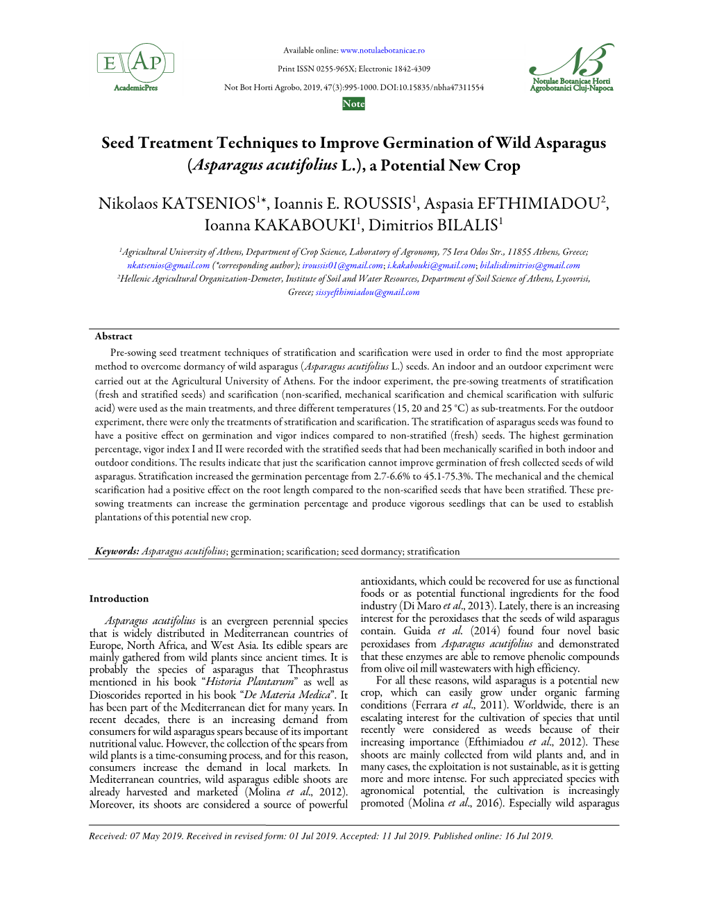 Seed Treatment Techniques to Improve Germination of Wild Asparagus (Asparagus Acutifolius L.), a Potential New Crop