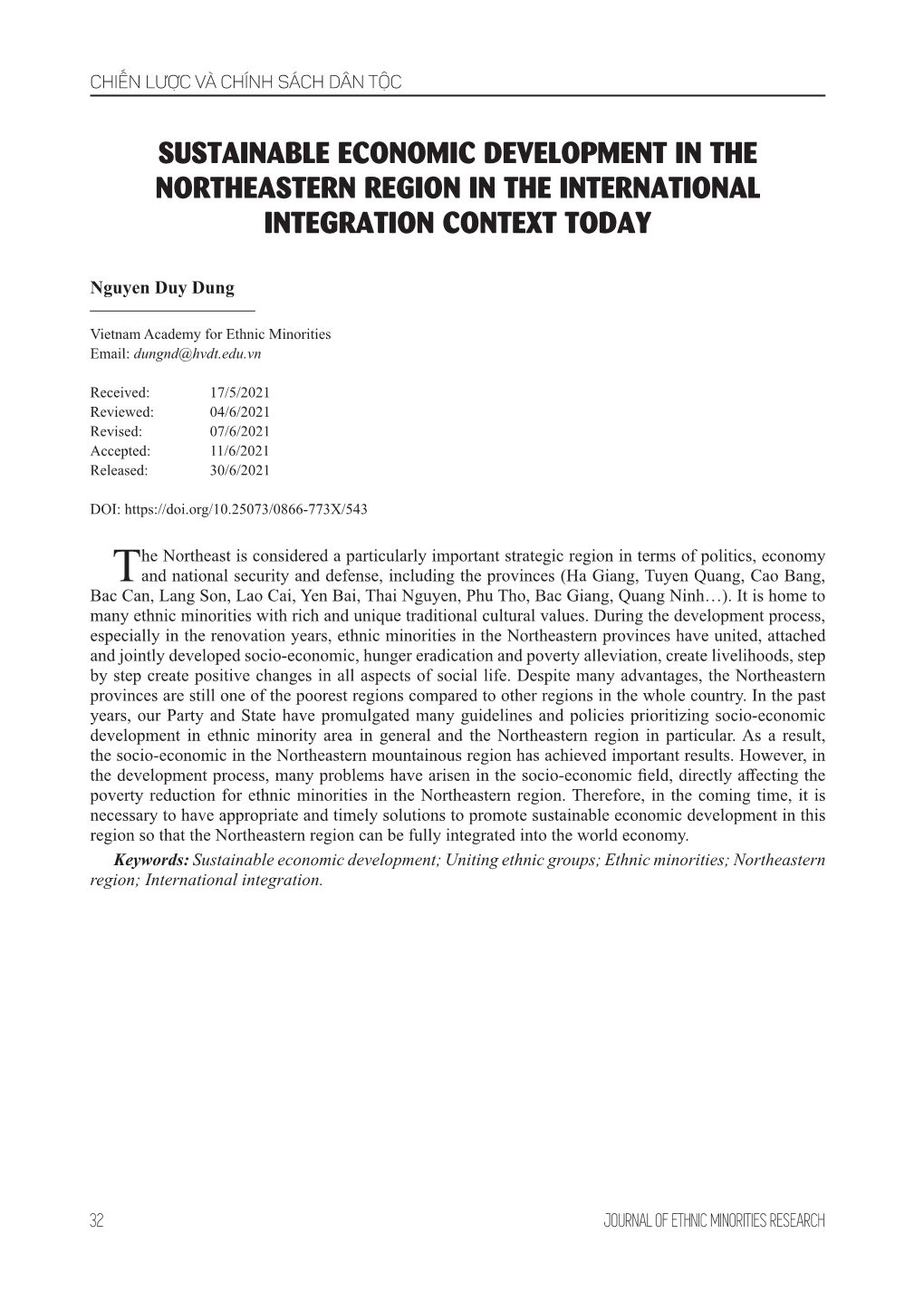 Sustainable Economic Development in the Northeastern Region in the International Integration Context Today