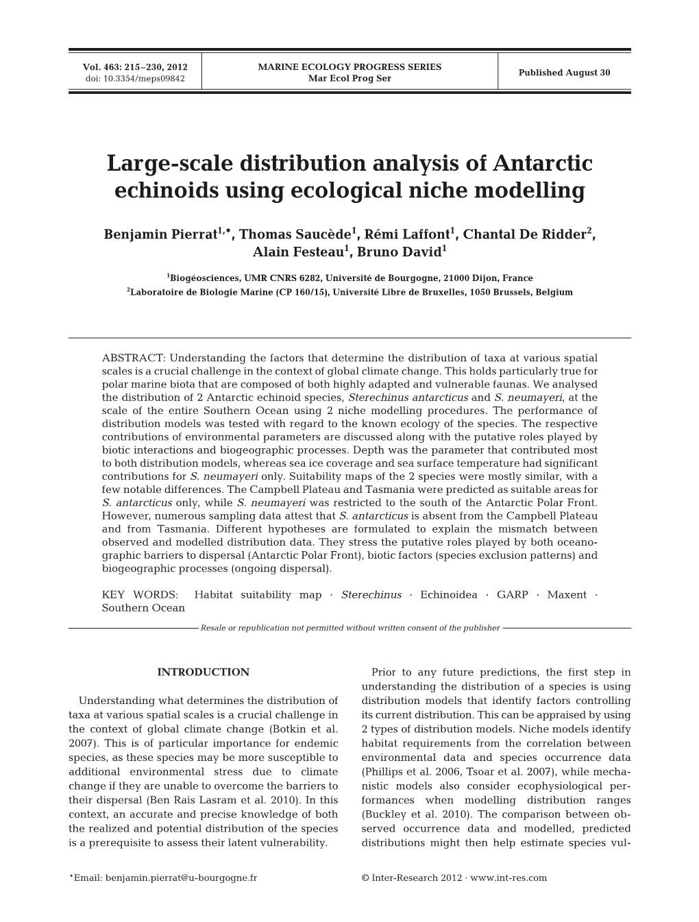 Large-Scale Distribution Analysis of Antarctic Echinoids Using Ecological Niche Modelling