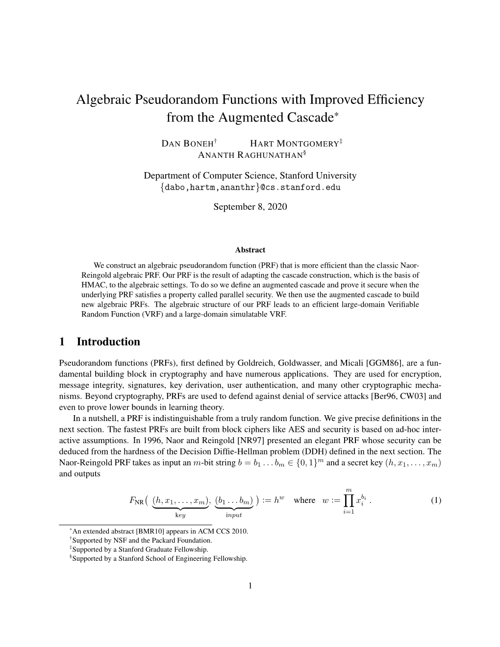 Algebraic Pseudorandom Functions with Improved Efﬁciency from the Augmented Cascade*