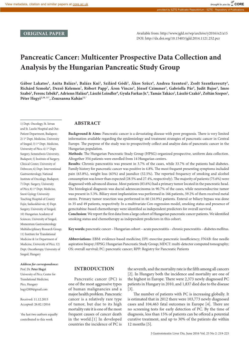 Pancreatic Cancer: Multicenter Prospective Data Collection and Analysis by the Hungarian Pancreatic Study Group