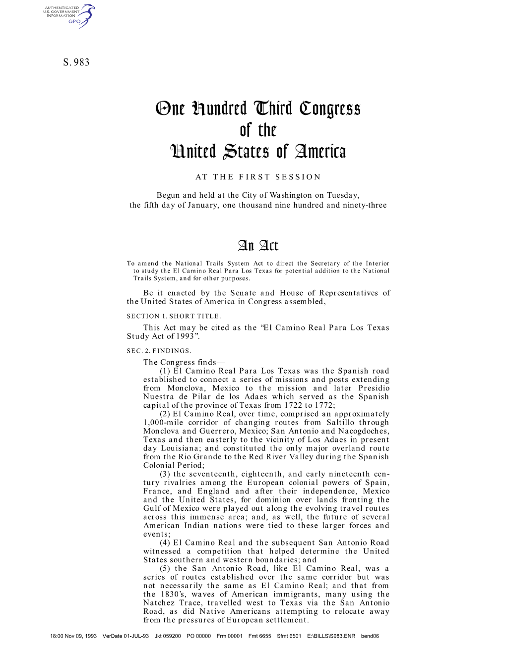 One Hundred Third Congress of the United States of America