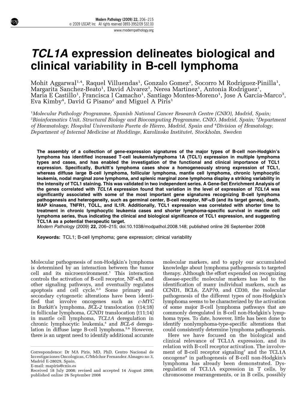 TCL1A Expression Delineates Biological and Clinical Variability in B-Cell Lymphoma