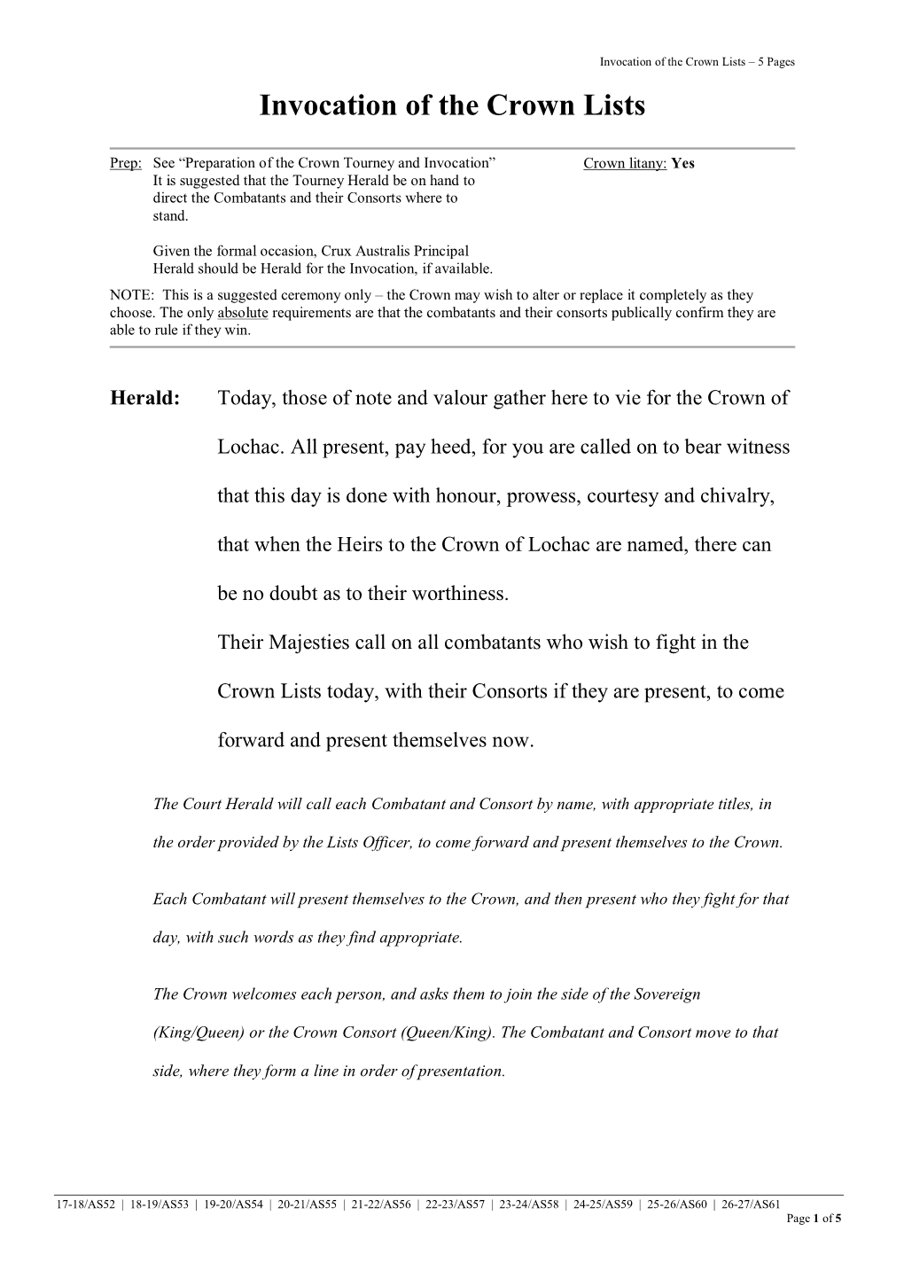 Invocation of the Crown Lists – 5 Pages Invocation of the Crown Lists