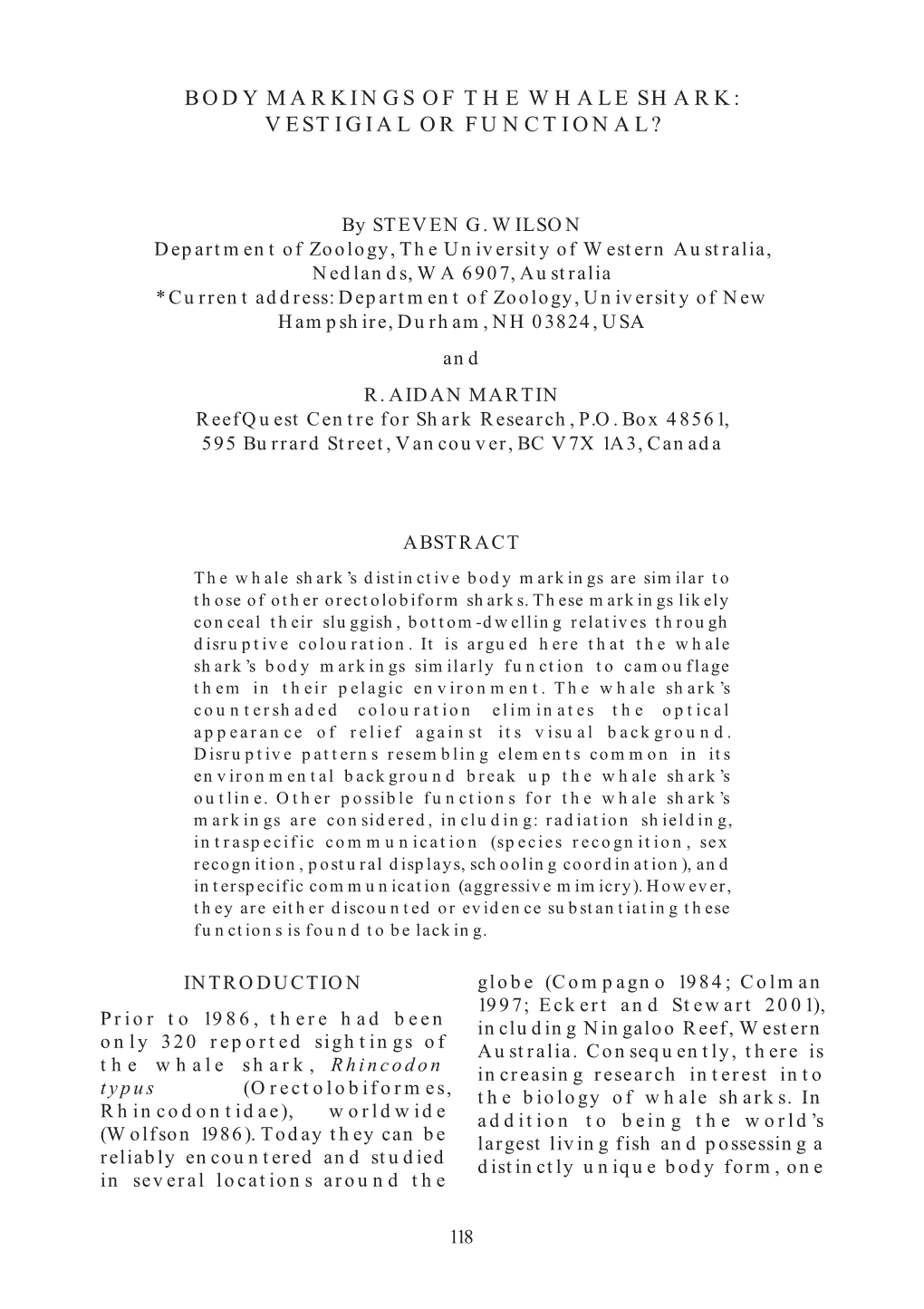 Body Markings of the Whale Shark: Vestigial Or Functional?