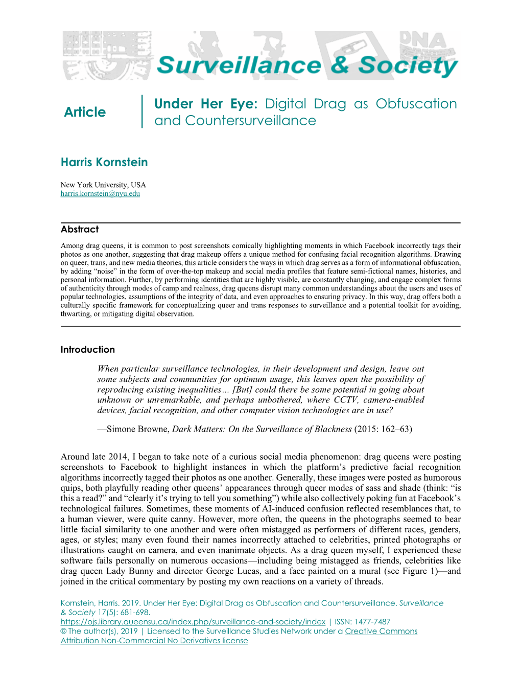 Article Under Her Eye: Digital Drag As Obfuscation and Countersurveillance