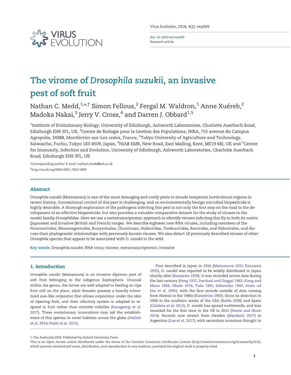 The Virome of Drosophila Suzukii, an Invasive Pest of Soft Fruit Nathan C