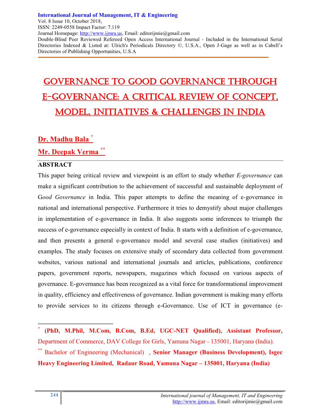 Governance to Good Governance Through E-Governance: a Critical Review of Concept, Model, Initiatives & Challenges in India