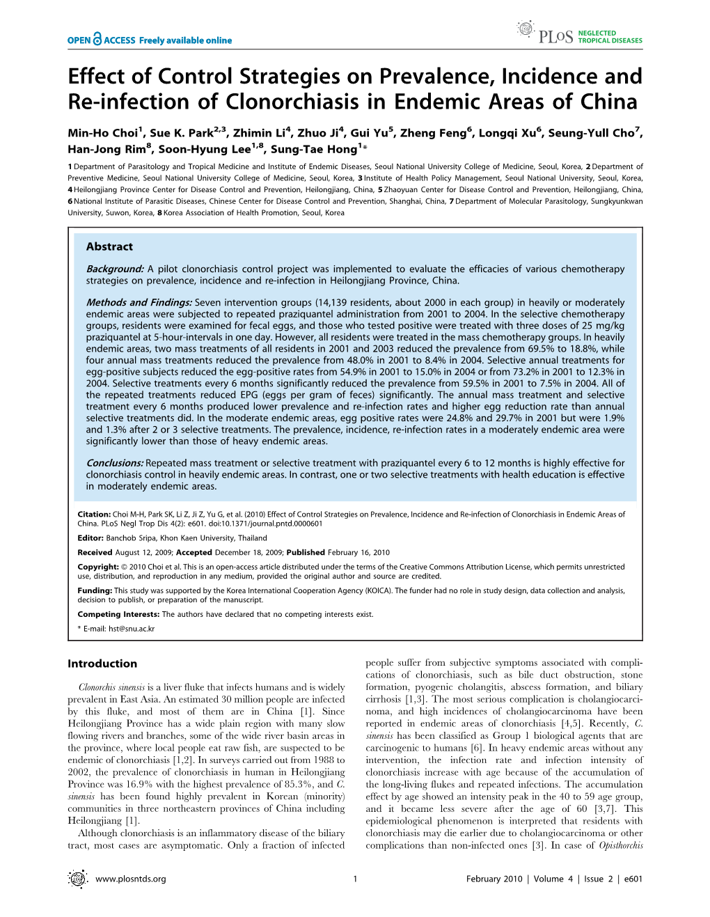 Effect of Control Strategies on Prevalence, Incidence and Re-Infection of Clonorchiasis in Endemic Areas of China