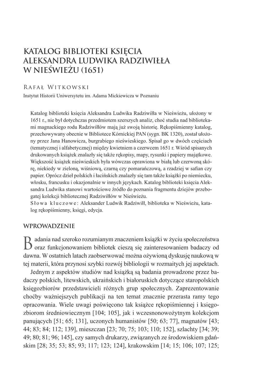 Katalog Biblioteki Księcia Aleksandra Ludwika Radziwiłła W Nieświeżu (1651)