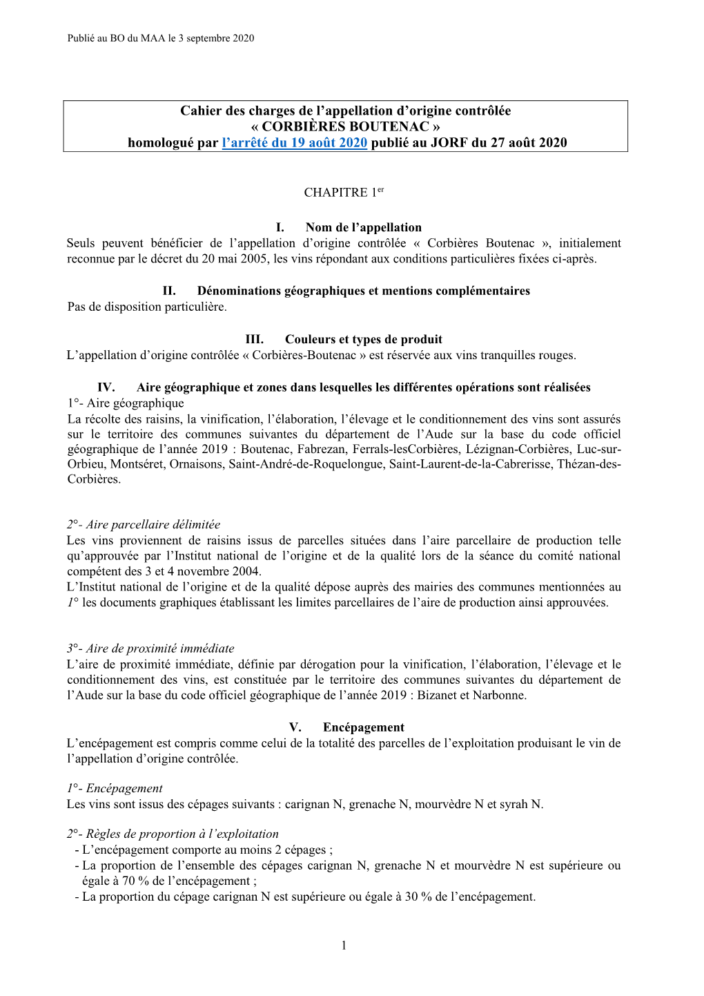 CORBIÈRES BOUTENAC » Homologué Par L’Arrêté Du 19 Août 2020 Publié Au JORF Du 27 Août 2020