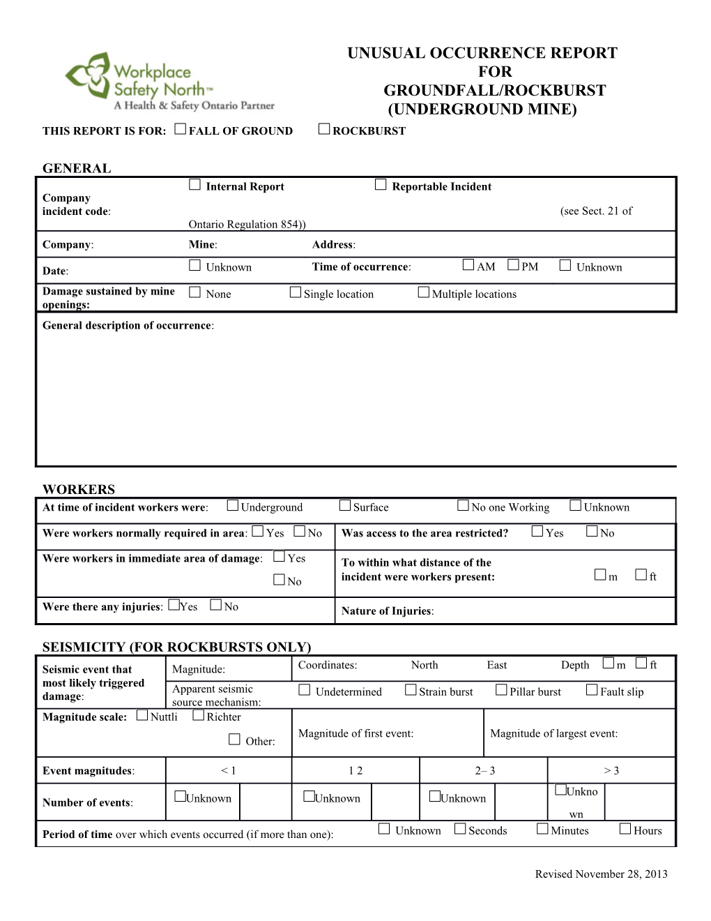 Unusual Occurrence Report for Groundfall/Rockburst