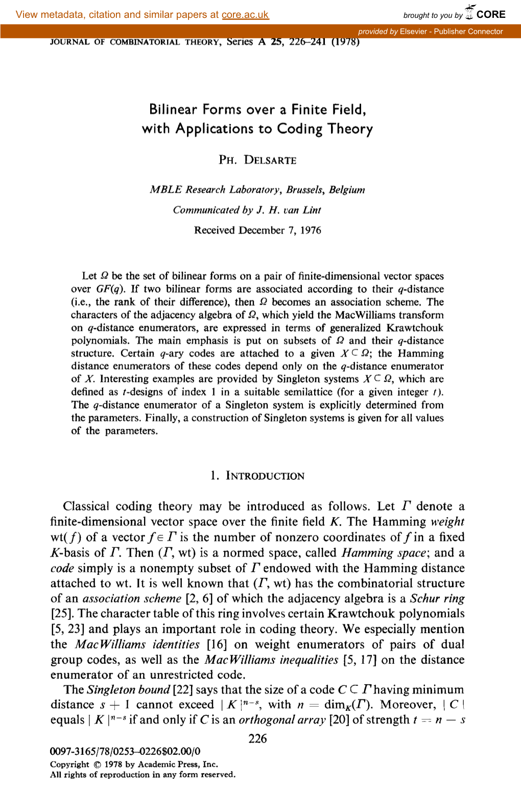 Bilinear Forms Over a Finite Field, with Applications to Coding Theory