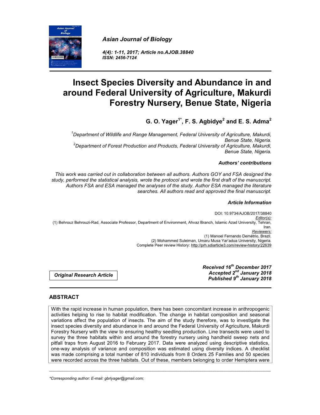 Insect Species Diversity and Abundance in and Around Federal University of Agriculture, Makurdi Forestry Nursery, Benue State, Nigeria