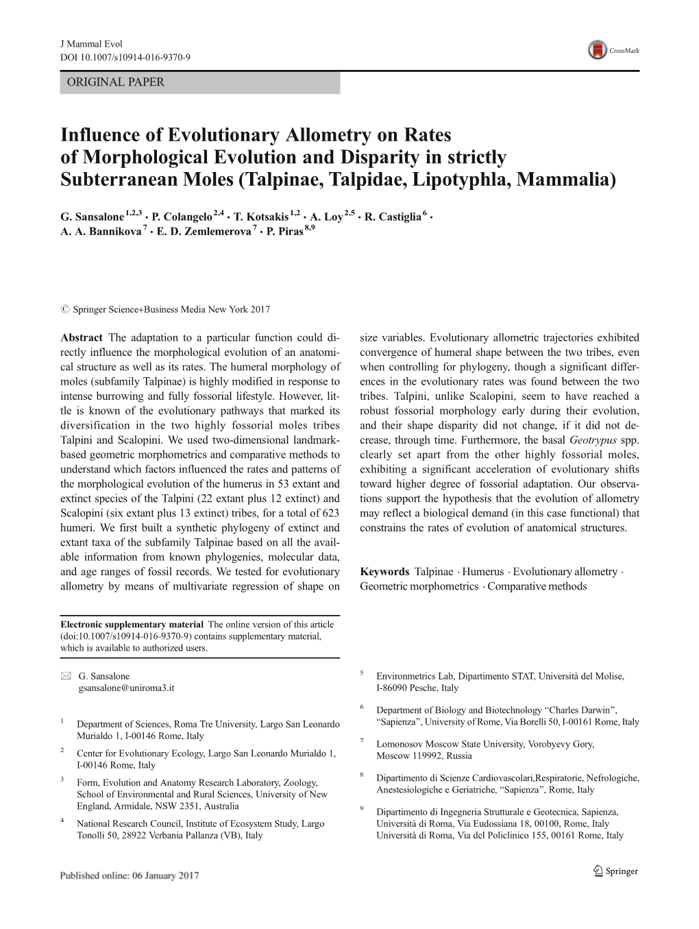 Influence of Evolutionary Allometry on Rates of Morphological Evolution and Disparity in Strictly Subterranean Moles (Talpinae, Talpidae, Lipotyphla, Mammalia)
