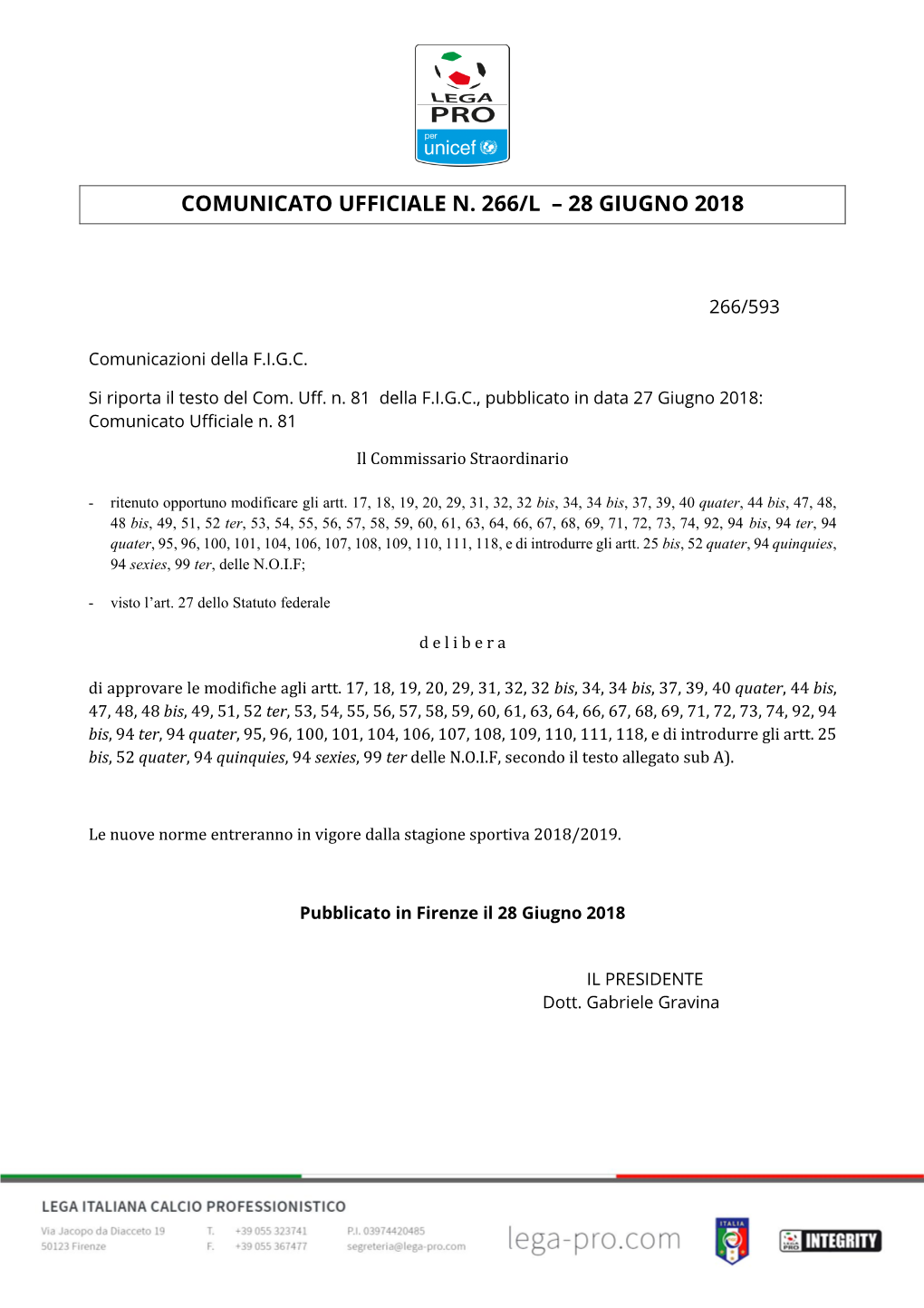 Comunicato Ufficiale N. 266/L – 28 Giugno 2018