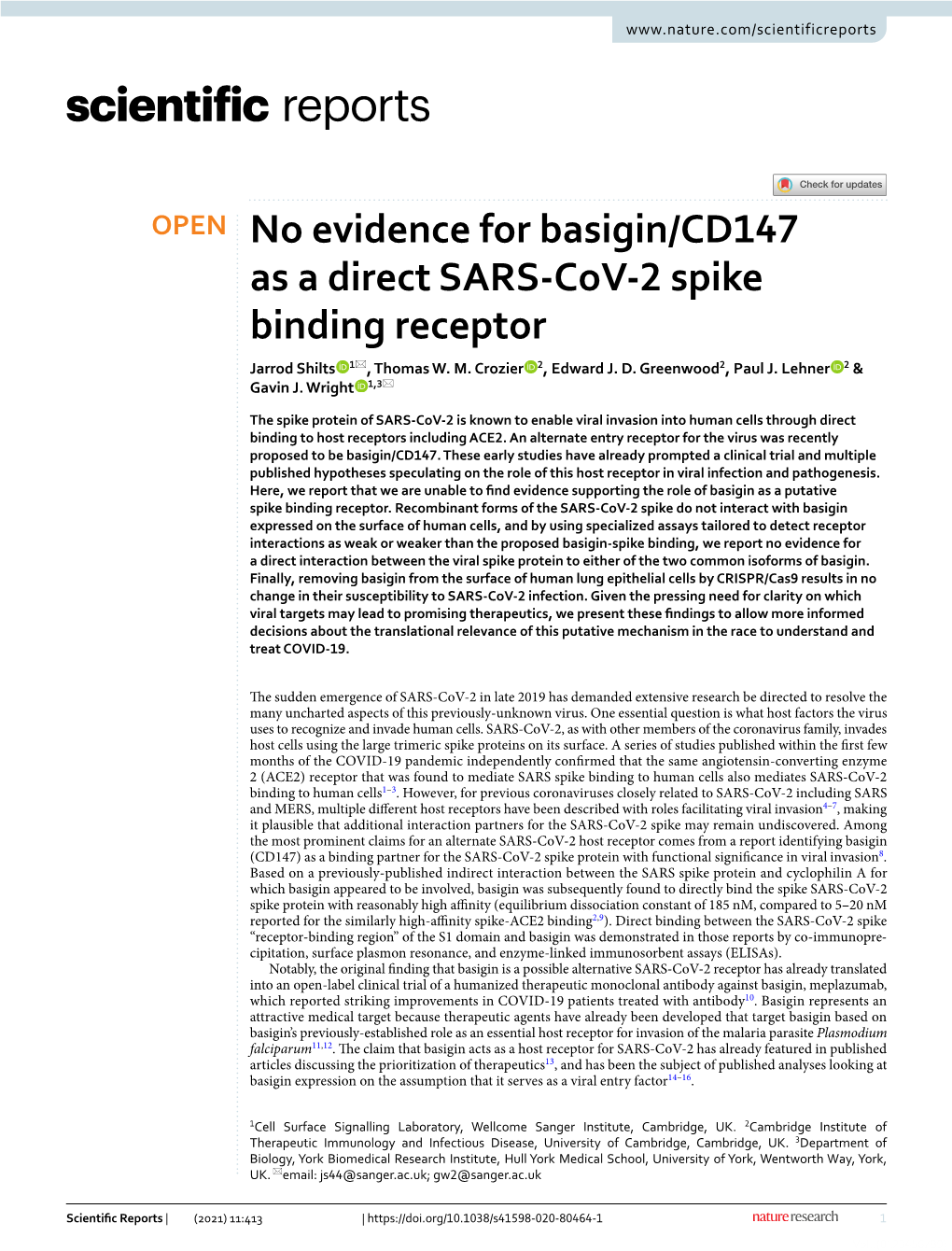 No Evidence for Basigin/CD147 As a Direct SARS-Cov-2 Spike