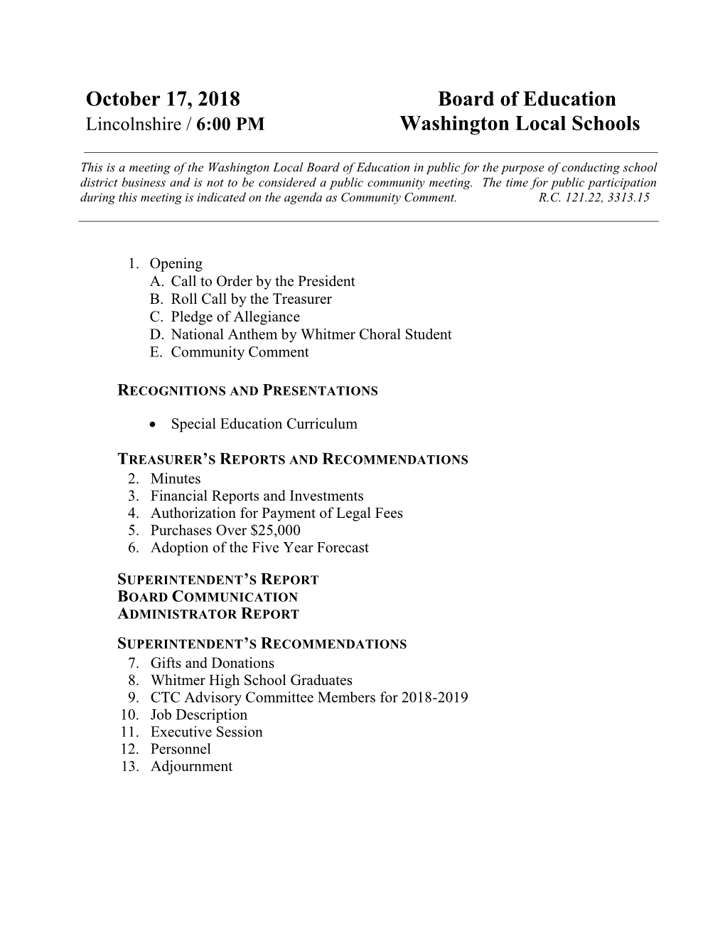 October 17, 2018 Board of Education Washington Local Schools