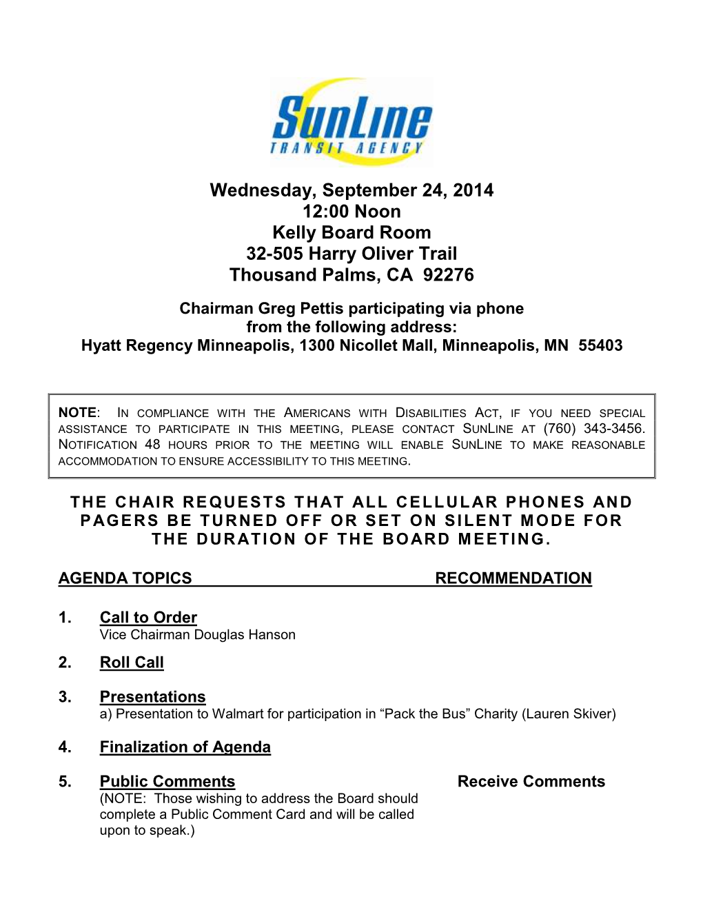 Sunline Transit Agency Board of Directors Meeting 24 September 2014