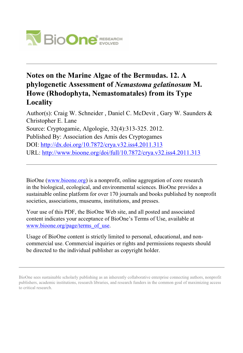 Rhodophyta, Nemastomatales) from Its Type Locality Author(S): Craig W