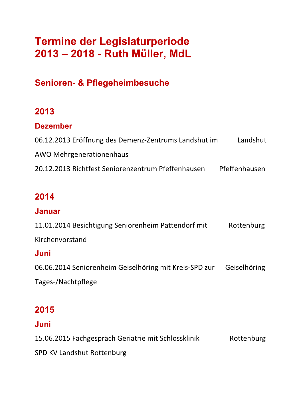 Termine Der Legislaturperiode 2013 – 2018 - Ruth Müller, Mdl