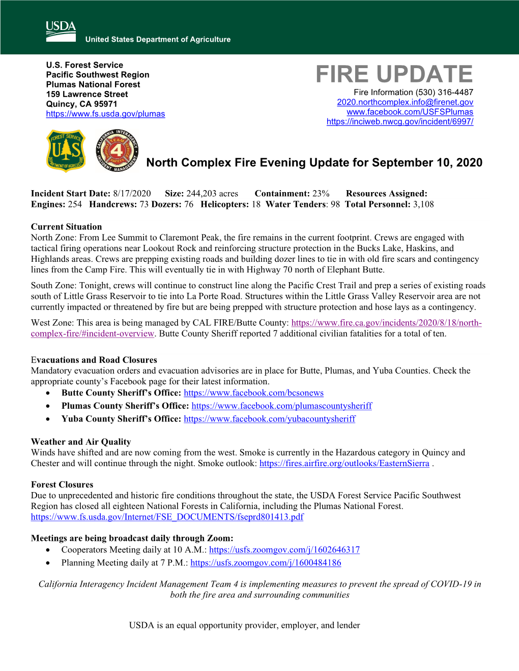North Complex Fire Evening Update for September 10, 2020