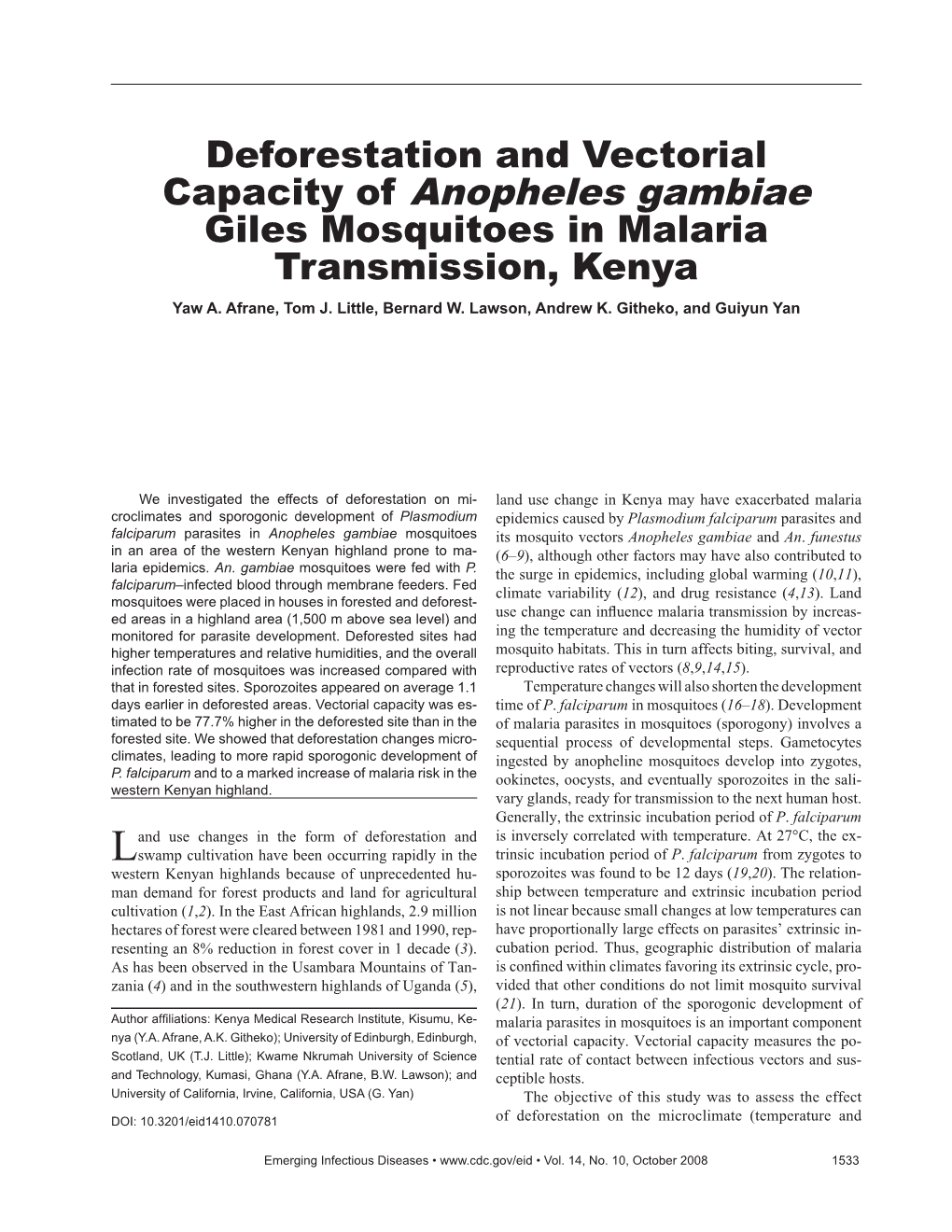 Anopheles Gambiae Giles Mosquitoes in Malaria Transmission, Kenya Yaw A