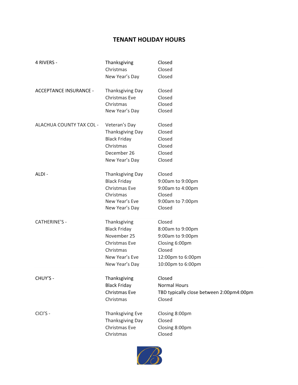 Tenant Holiday Hours