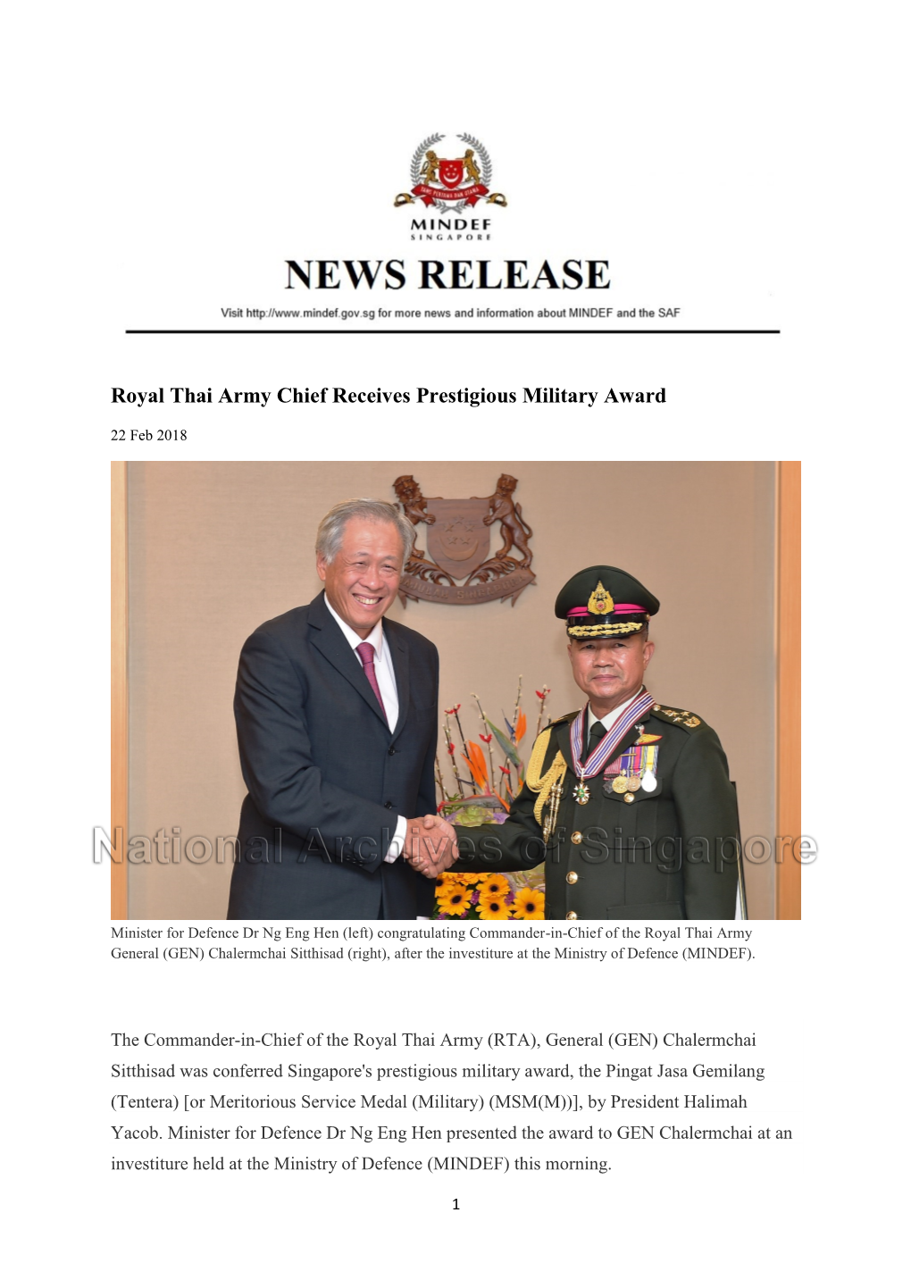 Royal Thai Army Chief Receives Prestigious Military Award