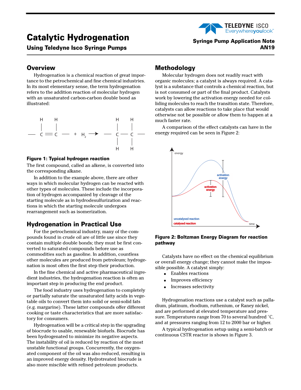 Catalytic Hydrogenation Syringe Pump Application Note Using Teledyne Isco Syringe Pumps AN19