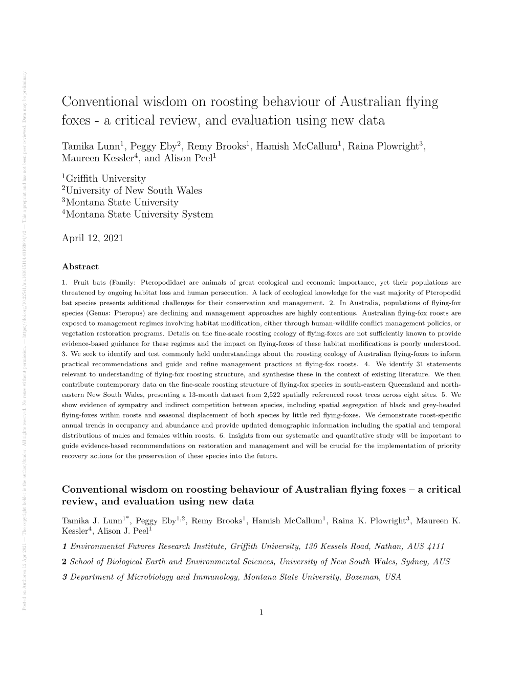 Conventional Wisdom on Roosting Behaviour of Australian