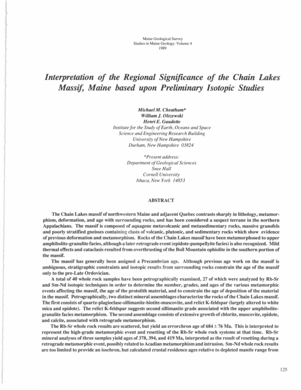 Interpretation of the Regional Significance of the Chain Lakes Massif, Maine Based Upon Preliminary Isotopic Studies