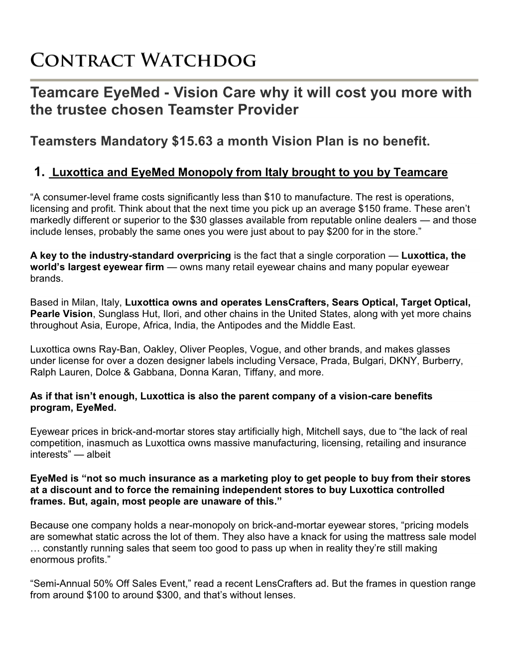 Teamcare Eyemed - Vision Care Why It Will Cost You More with the Trustee Chosen Teamster Provider