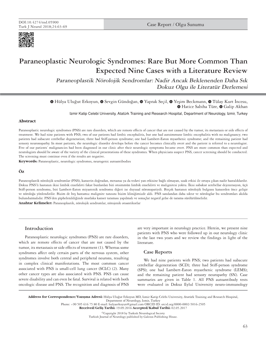 Paraneoplastic Neurologic Syndromes